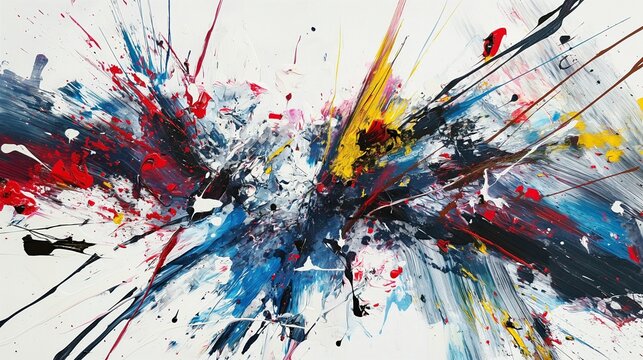 Bold strokes of paint splattered across a canvas, forming an abstract expression of emotion