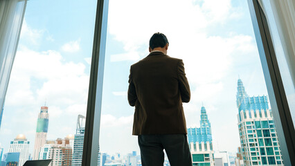 Back view ambitious businessman standing in ornamented office gazing out window to cityscape...