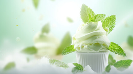 Green mint flavor ice cream with fresh leaves ingredients, dessert background