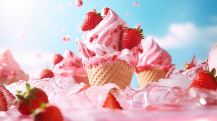 Strawberry pink ice cream with flying berries ingredients, blue sky background