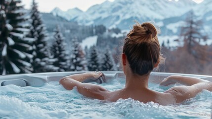 Woman relaxes in hot tub while looking out over snow-covered mountains.