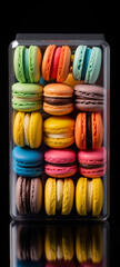 Front view, neatly packed with Colorful Macarone in plastic box сreated with Generative Ai