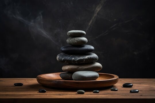 A creative and interesting composition of spa stones isolated on wooden table.