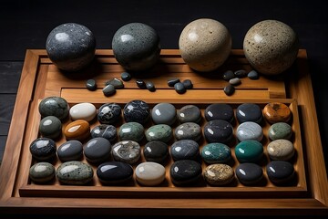 A creative and interesting composition of spa stones, arranged in a variety of styles and variations on a wooden tray.