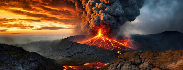Dramatic eruption of a volcano with ash and lava flow. Panorama with copy space.
