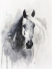 A realistic black and white painting featuring a majestic horse standing in a field
