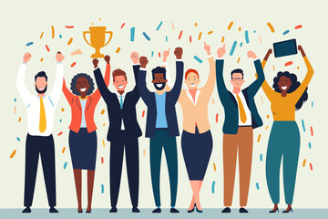 Team of diverse businesspeople celebrating high quality work achievement, holding gold trophy and quality badge, success through teamwork and top performance, best employee award concept.