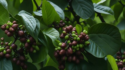  A cluster of coffee blossoms in various stages of bloom, showcasing the intricate details of their petals.Background: Lush green foliage of coffee trees, enhancing the vibrancy of the blossoms. - obrazy, fototapety, plakaty