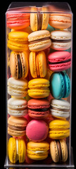 Front view, neatly packed with Colorful Macarone in plastic box сreated with Generative Ai