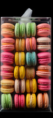 Front view, neatly packed with Colorful Macarone in plastic box сreated with Generative Ai