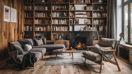 Cozy library. Living room filled with furniture. - obrazy, fototapety, plakaty