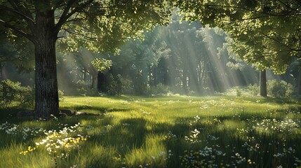 Forest bathed in sunlight. Magical forest.