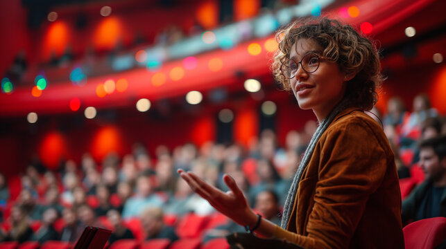 A writer stands confidently at a podium in front of a large audience, gesturing passionately as they deliver a captivating presentation on stage, with colorful slides projected beh