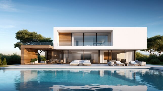 A sleek, modern luxury home featuring expansive glass walls, minimalist design, and an inviting infinity pool with a clear blue sky background.