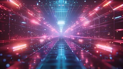 Futuristic Neon Grid Tunnel, To convey a sense of innovation, high technology and futurism with a touch of cyberpunk and retro-futuristic design