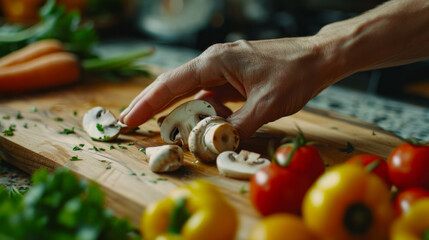 A chef dices vegetables on a wooden chopping board with ingredients scattered around.