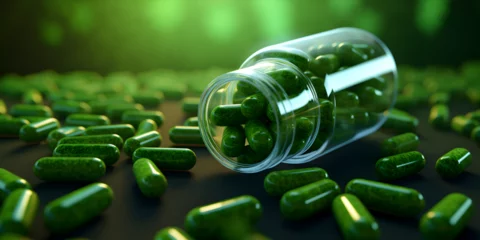 Deurstickers A jar of green pills with green capsules on a wooden surface.  Green pillars vitamins on green background  © Hafiz