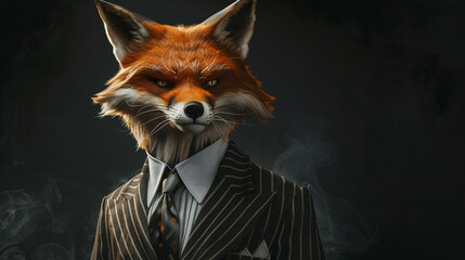 A charismatic fox wearing a pinstripe suit standing upright with a sly smile in a modern studio portrait epitomizing cunning entrepreneurship - obrazy, fototapety, plakaty