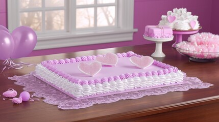  a cake on a table with balloons and a cake in the shape of a heart on top of the cake.