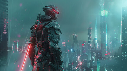 A futuristic samurai clad in neon lit armor standing amidst a sci fi Tokyo skyline katana glowing with advanced technology