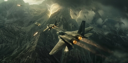Cinematic scene of advanced fighter jets maneuvering through a rugged mountain landscape with close up action of afterburners glowing and missiles launching - obrazy, fototapety, plakaty