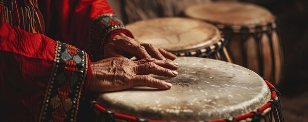 Close up of Red Indian ceremonial drums hands in motion connecting past with present - obrazy, fototapety, plakaty