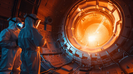 Engineers in advanced protective suits observing a nuclear fusion reaction bright and intense energy beams converging in the center - obrazy, fototapety, plakaty