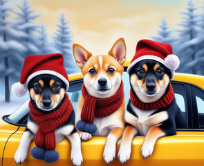Cute golden retriever and dachshund puppies in winter hats and scarves looking at the camera