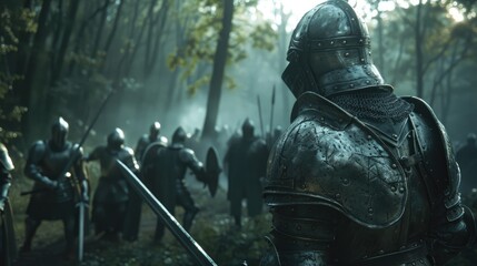 Epic battle scene with knights in shining armor facing fierce orcs in a misty forest dramatic lighting