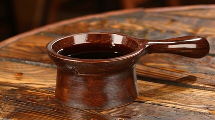  a wooden cup on a wooden table with a wooden spoon sticking out of the top of one of the cups.
