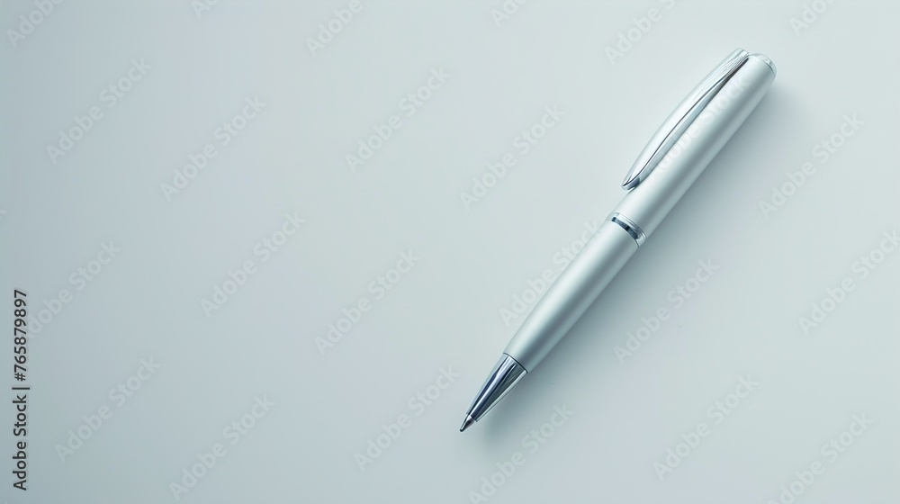 Poster a uhd close-up of a sleek silver pen resting on a pristine white surface, with ample empty space bes