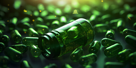 A green bottle of green pills on dark green background 