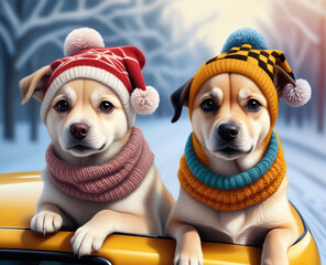 Cute golden retriever puppies in winter hats and scarves looking at the camera