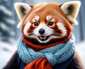 Cute fluffy red panda in a winter knitted scarf looking at the camera