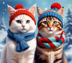 Cute kittens in winter hats and scarves looking at the camera