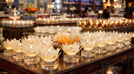 Fototapeta na wymiar a table topped with lots of glass vases filled with water lilies next to a row of lit candles.