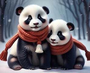 Cute fluffy two pandas in a winter hat and scarf look at the camera