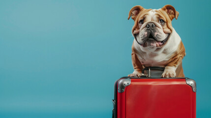 Funny bulldog with suitcase going to travel on blue isolated background with copy space. Summer Travel weekends life with pets, animals concept. wanderlust people traveling the world. - obrazy, fototapety, plakaty