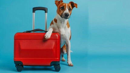 Funny Jack Russell dog with suitcase going to travel on blue isolated background with copy space. Summer Travel weekends life with pets, animals concept. wanderlust people traveling the world.