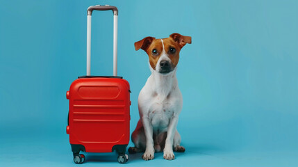 Funny Jack Russell dog with suitcase going to travel on blue isolated background with copy space. Summer Travel weekends life with pets, animals concept. wanderlust people traveling the world. - obrazy, fototapety, plakaty