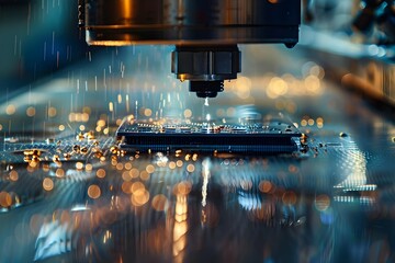 Close-up of a semiconductor chip undergoing etching on a metal table in a manufacturing facility. Concept Semiconductor Manufacturing, Integrated Circuits, Etching Process, Metal Tables