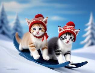 Cute fluffy kittens in winter hats sledding down the mountain, winter fun.