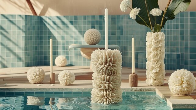  a vase filled with white flowers sitting on top of a pool next to candles and a vase filled with white flowers.
