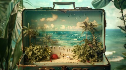 A vintage suitcase open to reveal a miniature beach scene inside