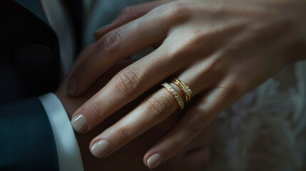 Two hands with wedding and engagement rings gently touch, symbolizing union. - obrazy, fototapety, plakaty