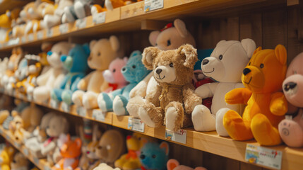 Stuffed animals collection on wooden shelf in toy store