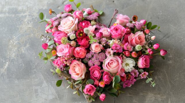  a heart - shaped arrangement of pink and white flowers on a gray surface with green leaves and flowers in the center.