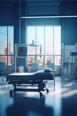 Hospital room with patient bed, medical equipment, and window natural light
