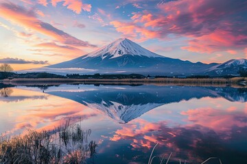 Fototapeta na wymiar Sunrise of Fuji mountain reflection on water 