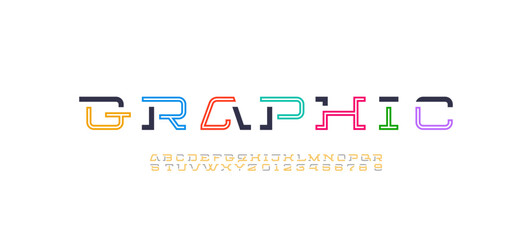 Technology modern font, digital cyber alphabet, multi-colored letters A-Z and numbers 0-9, vector illustration 10EPS